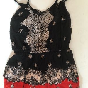 size S printed romper, black cream + red design